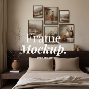 May include: A bedroom scene featuring a bed with beige bedding and pillows, a dark wood headboard, and a collection of framed landscape art. The text "Frame Mockup. smart objects" is displayed in the image.