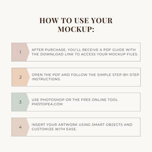 May include: A beige graphic with the text "HOW TO USE YOUR MOCKUP:" and numbered steps. Instructions include downloading a PDF, using Photoshop or Photopea, and inserting artwork. The design is clean and modern.