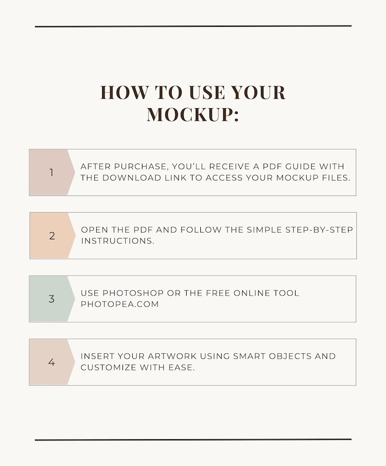 May include: A beige graphic with the text "HOW TO USE YOUR MOCKUP:" and numbered steps. Instructions include downloading a PDF, using Photoshop or Photopea, and inserting artwork. The design is clean and modern.