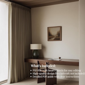 May include: Interior design mockup featuring a wooden desk, a green lamp, and a framed landscape painting. The image includes text: "What's Included: PSD File with Smart Objects for easy editing, High-quality design files, Detailed PDF guide with clear instructions."