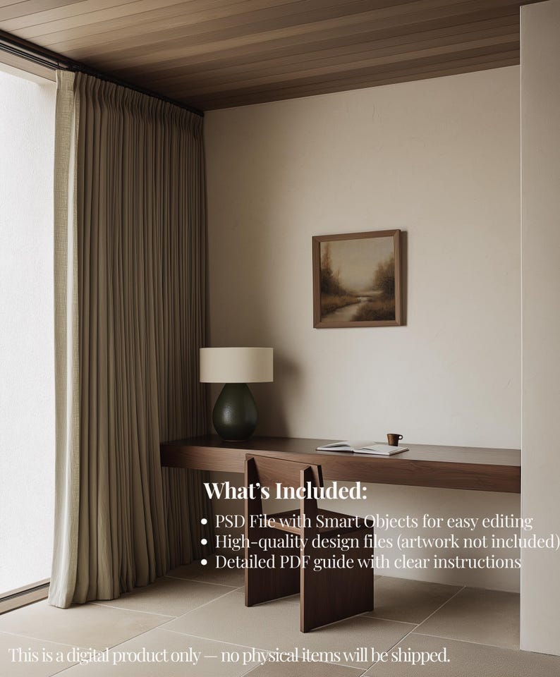 May include: Interior design mockup featuring a wooden desk, a green lamp, and a framed landscape painting. The image includes text: "What's Included: PSD File with Smart Objects for easy editing, High-quality design files, Detailed PDF guide with clear instructions."