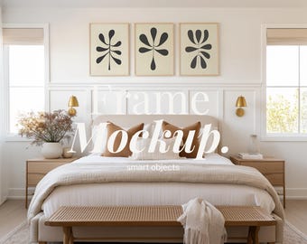 3x4フレームのモックアップ3枚セット｜3:4サイズの居心地の良いモダンな寝室のインテリア