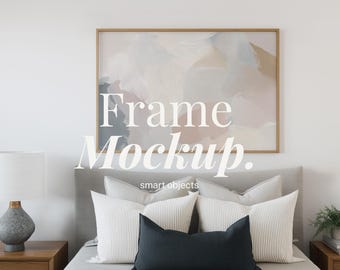 3x2 横長フレーム モックアップ | 3:2 リアルな寝室（ブルーのアクセント付き）モックアップ