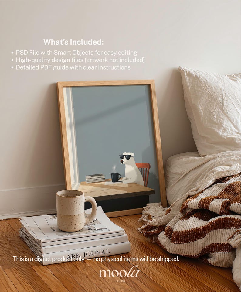May include: A framed art print featuring a white dog wearing sunglasses, seated at a desk with a coffee cup. A stack of books and a ceramic mug are in the foreground. The text "ARK JOUNAL" is visible on one book. The image is set in a bedroom.