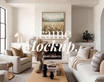 May include: A living room interior with a neutral colour scheme. The room includes a large wooden coffee table, two armchairs, and a sofa. A painting hangs above the fireplace. The text "Frame Mockup. smart objects" is overlaid on the image.