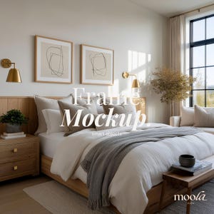 Può includere: Interno di una camera da letto con un letto con lenzuola bianche e una coperta grigia. Due stampe artistiche astratte incorniciate sono appese sopra il letto. Il testo "Frame Mockup" è visibile. La stanza ha una palette di colori neutri con mobili in legno.