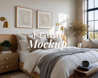 2つの正方形1x1フレームと超リアルな寝室1:1フレームモックアップPSD