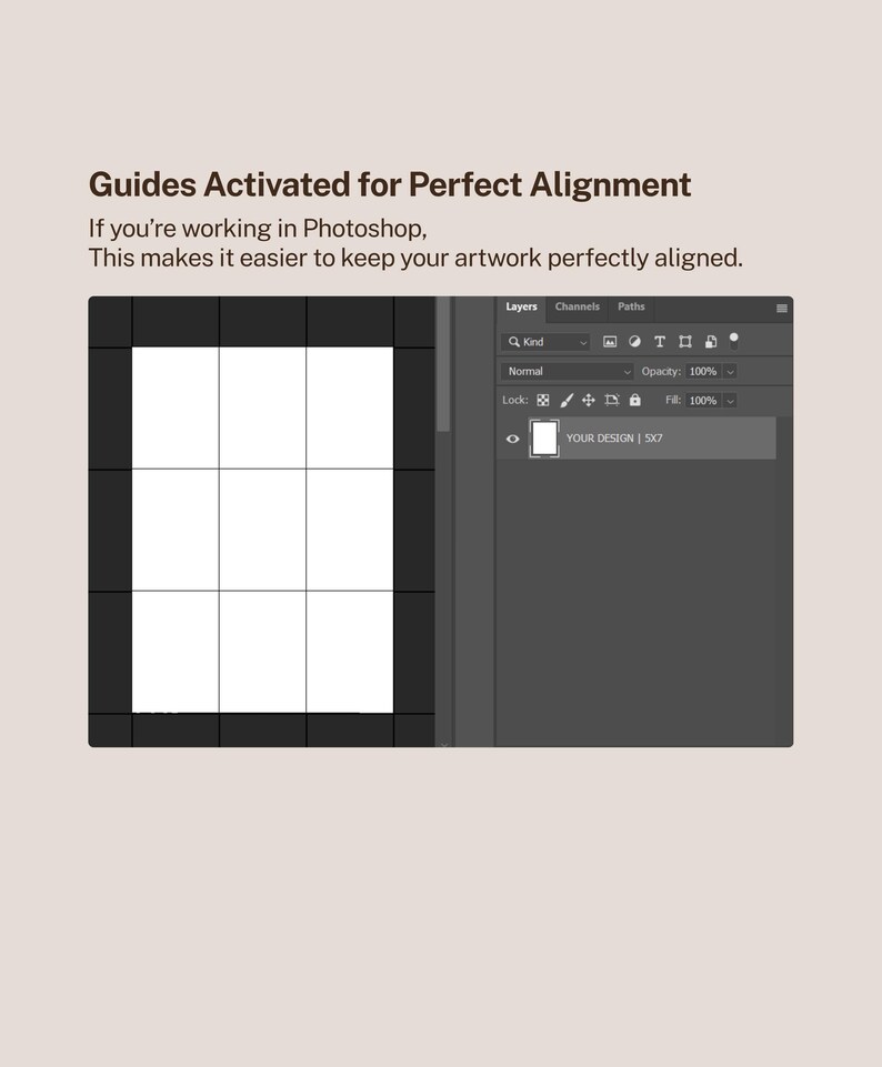 May include: A screenshot of Adobe Photoshop with a grid overlay, demonstrating alignment guides. The text reads "Guides Activated for Perfect Alignment" and "If you're working in Photoshop, This makes it easier to keep your artwork perfectly aligned."