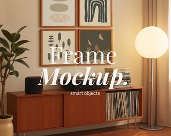 4フレーム 1x1 居心地の良いレトロなリビングルームインテリアモックアップ | 1:1 フレームモックアップ PSD