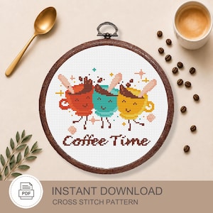 Coffee Time Cross Stitch Pattern, Cute Coffee Mug Cross Stitch, Kawaii Coffee Embroidery, Coffee Lover Gift, Kitchen Decor #kt032