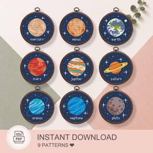 Conjunto de 9 Planetas em Ponto Cruz, Conjunto de Ponto Cruz do Sistema Solar, Padrão de Bordado Espacial, Decoração Astronômica, 9 Desenhos de Planetas #spc012