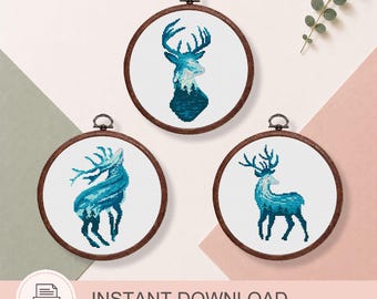 Ensemble de 3 modèles de point de croix de cerfs, point de croix animalier, décoration féerique de forêt, silhouette de cerf aquarelle au point de croix #anm043