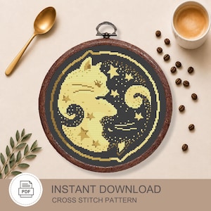Yin Yang Cats Cross Stitch Pattern PDF, Celestial Cat Embroidery Pattern, Moon & Stars Design, Instant Download #cat001