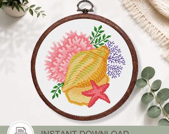 Seashell Cross Stitch Pattern PDF, Coastal Embroidery Design, Beach Cross Stitch, Ocean Decor, Summer Embroidery Pattern #oth011