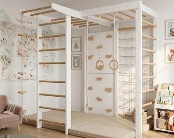Gimnasio de juegos de madera para interiores, estructura de escalada Montessori con barras, gimnasio infantil tipo jungla, pared sueca, muebles para sala de juegos, trepador para niños pequeños