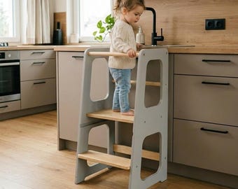 Montessori Learning Tower, Toddler Kitchen Helper, Wooden Kids Step Stool, Minimalist Standing Tower, Toddler Furniture, Safe Kitchen Stool