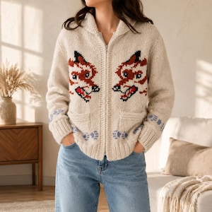 May include: Cream-colored zip-up cardigan sweater with a fox design on the front. The sweater features a collared neckline, two front pockets, and blue and white snowflake patterns on the cuffs and bottom hem. The fox design is in shades of red, black, and white.