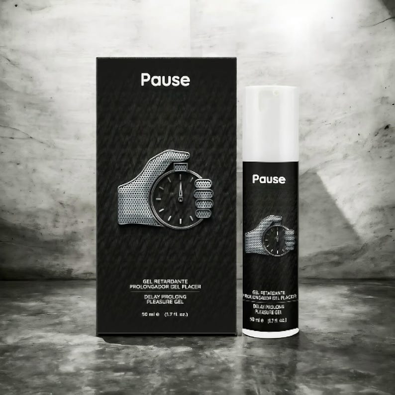 May include: A black box and a white bottle of "Pause" delay prolong pleasure gel. The box and bottle feature the word "Pause" in white, along with a graphic of a hand holding a stopwatch. The box and bottle also include the text "GEL RETARDANTE PROLONGADOR DEL PLACER DELAY PROLONG PLEASURE GEL" and "50 ml (1.7 fl oz)."