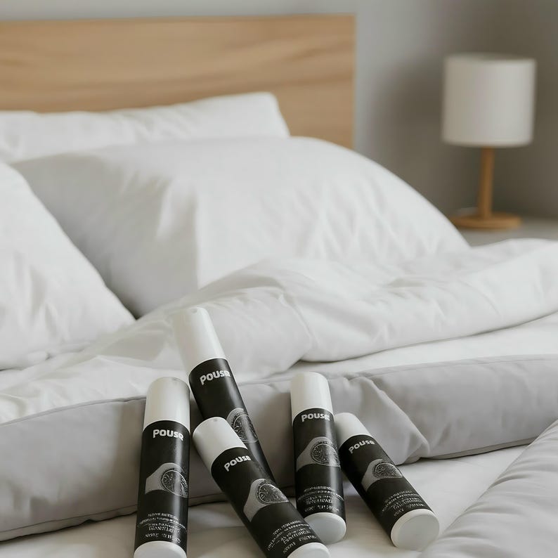 May include: Five white and black spray bottles, each labelled "Pousa", are arranged on a bed with white bedding and a grey bed skirt. The bed has a wooden headboard and a small lamp.