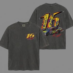 May include: Two charcoal grey t-shirts. One shirt features a front graphic of the number 16 in yellow and red. The other shirt has the number 16 on the back with a race car graphic. The shirts are made of a soft, comfortable material.