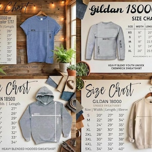 May include: Size charts for Gildan apparel, including t-shirts, sweatshirts, and hoodies. Measurements are provided in inches for various sizes, with details on width, length, and sleeve length.