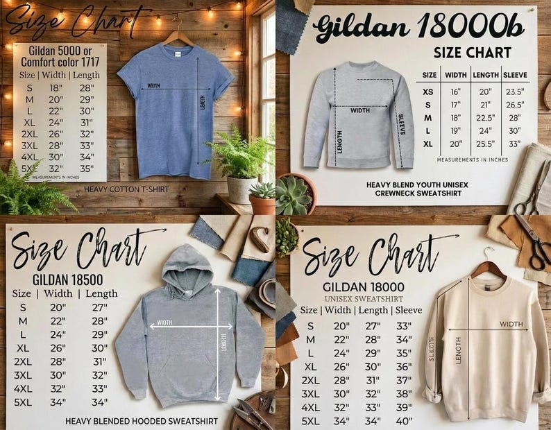 May include: Size charts for Gildan apparel, including t-shirts, sweatshirts, and hoodies. Measurements are provided in inches for various sizes, with details on width, length, and sleeve length.