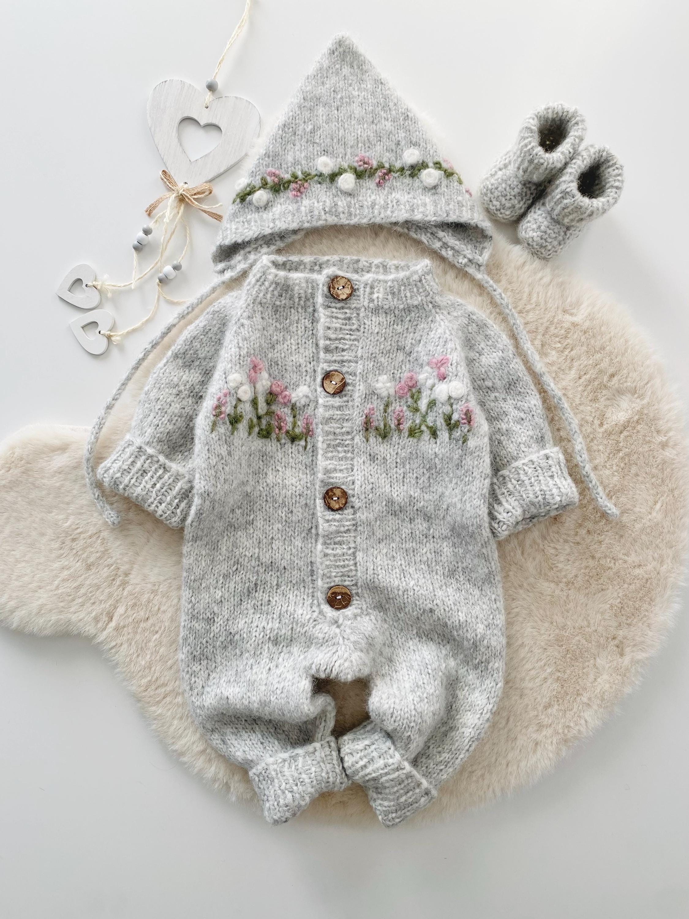 Handmade Alpaca Knit Newborn Set, Jumpsuit, Cap & Booties (0-6 Months)