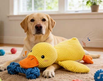 Juguete relajante para perros con forma de pato amarillo de peluche, con sonido de graznido, almohada de confort para interiores.