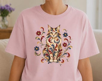 Rosemaling Norwegian Forest Cat Tshirt, Scandinavian Folk Floral Cottagecore Tee, Nordic Feline Lover Shirt