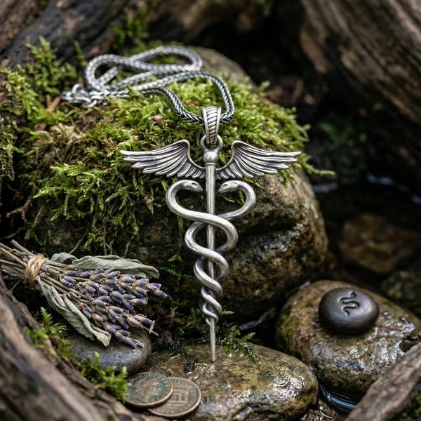 Caduceus Medical Necklace: Antiqued Silver, Winged Serpent Pendant