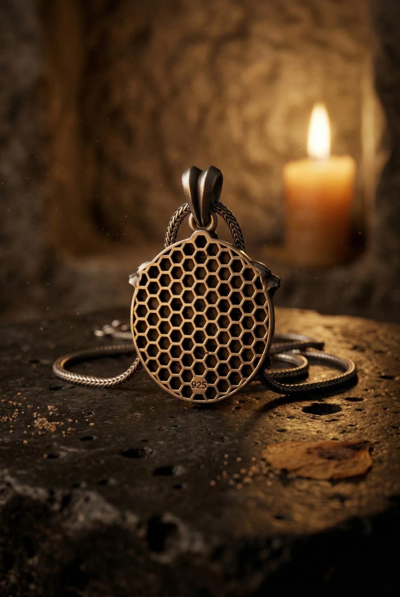May include: A silver pendant with a honeycomb design, featuring a circular shape with a detailed pattern. The pendant hangs on a silver chain, resting on a dark, textured surface. A lit candle is in the background.