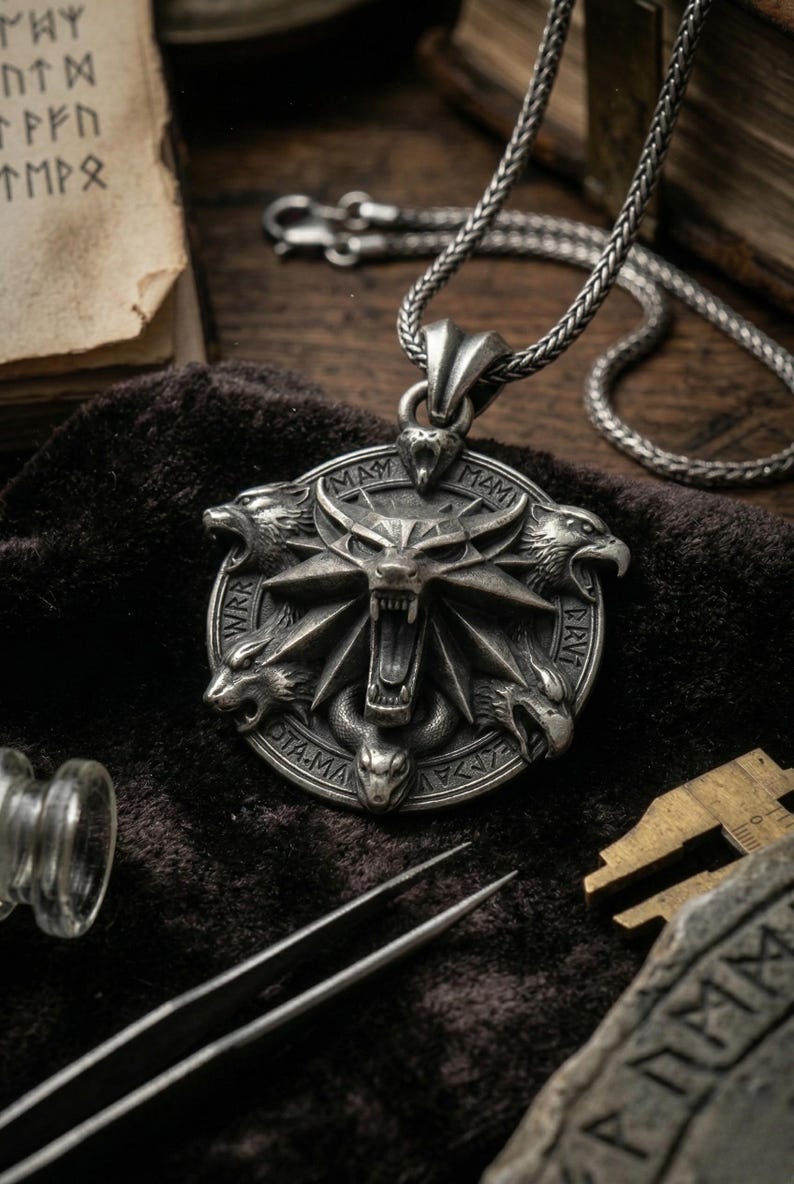 May include: A silver-colored pendant necklace featuring a detailed circular design with a wolf's head at the center, surrounded by animal figures and inscriptions. The pendant hangs from a braided chain. The image also shows a book and other tools.