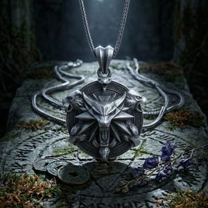 May include: A silver pendant necklace featuring a detailed wolf head emblem with a starburst design. The pendant is suspended from a chain and rests on a stone surface with moss and ancient coins. The overall aesthetic is dark and fantasy-themed.