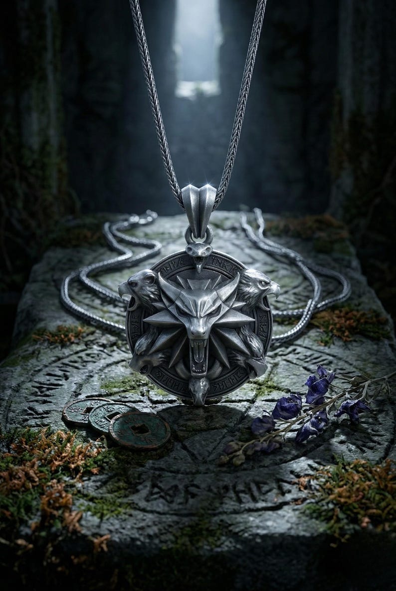 May include: A silver pendant necklace featuring a detailed wolf head emblem with a starburst design. The pendant is suspended from a chain and rests on a stone surface with moss and ancient coins. The overall aesthetic is dark and fantasy-themed.