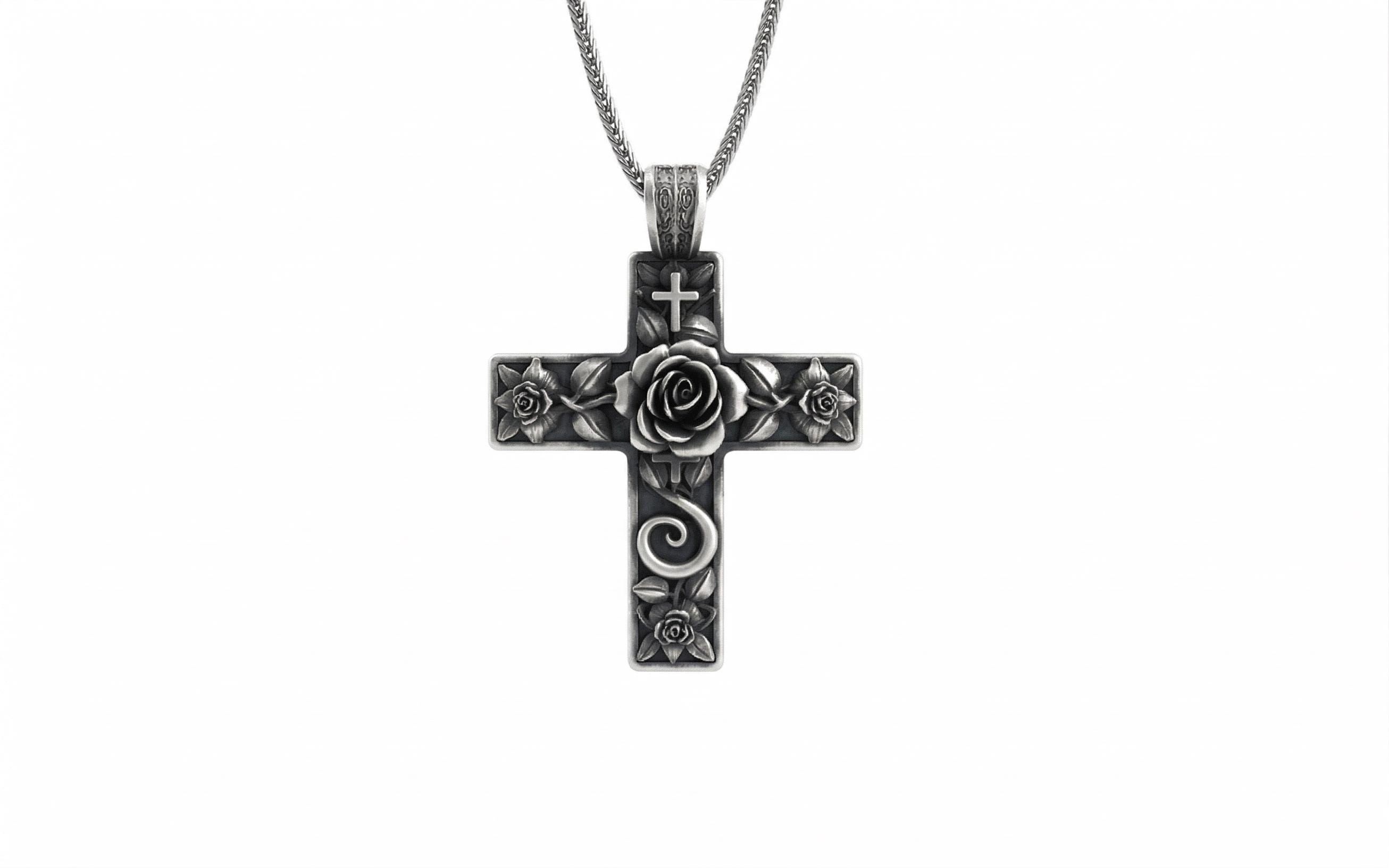 Sterling Silver Floral Cross Pendant Necklace Rose Engraved Christian ...