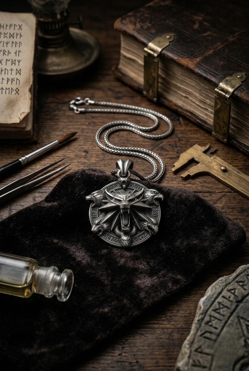 May include: A silver pendant necklace featuring a wolf's head design with intricate details. The pendant is on a silver chain, resting on a dark cloth. Other items include a book, a brush, and a small bottle.