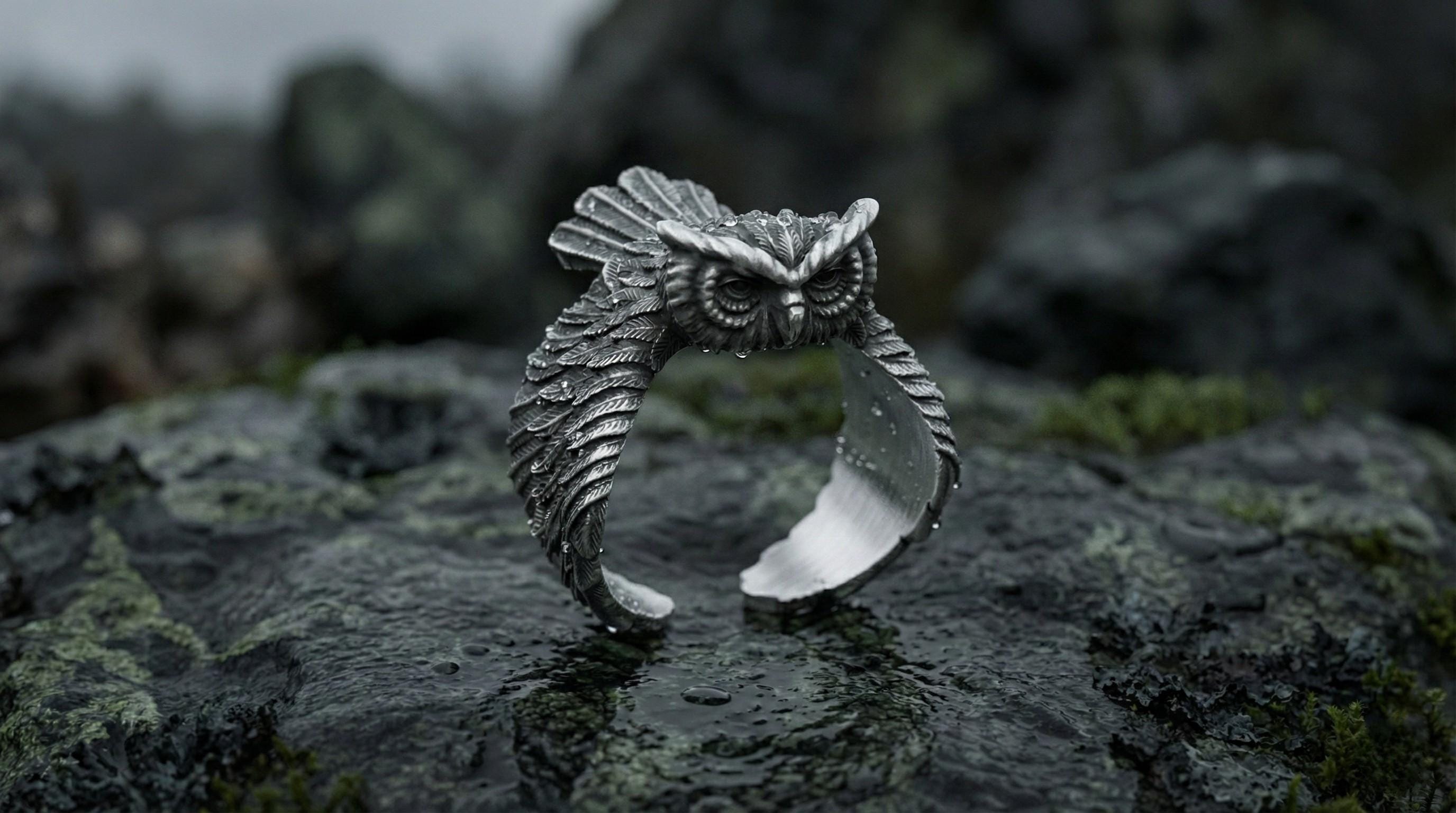 Sterling Silver Owl Ring – Hand Carved Feather Band for Men, 925 Animal Jewelry