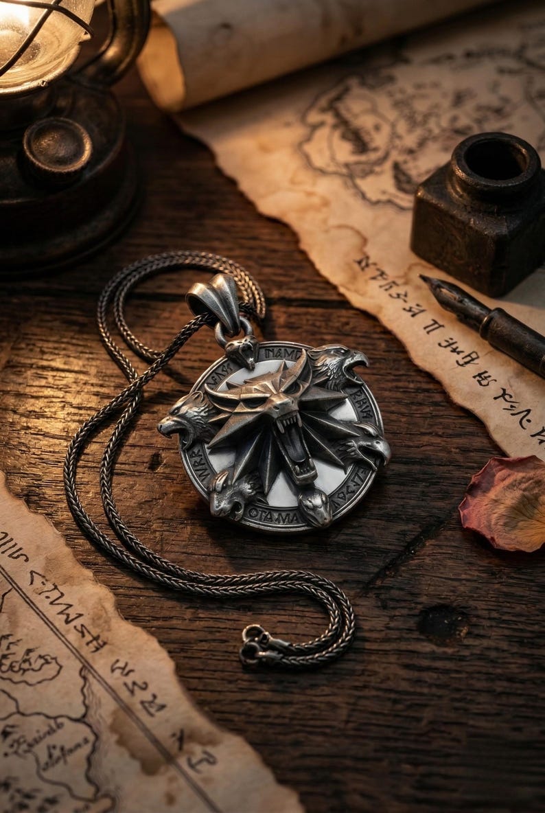 May include: A silver pendant necklace featuring a circular pendant with a wolf's head and other animal heads. The pendant is on a dark chain, and the image is set on a wooden surface with old paper and an inkwell.