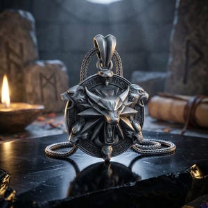 May include: A silver pendant featuring a wolf's head surrounded by three animal heads. The pendant hangs from a silver chain. The design is detailed and intricate, with a dark background and a lit candle.
