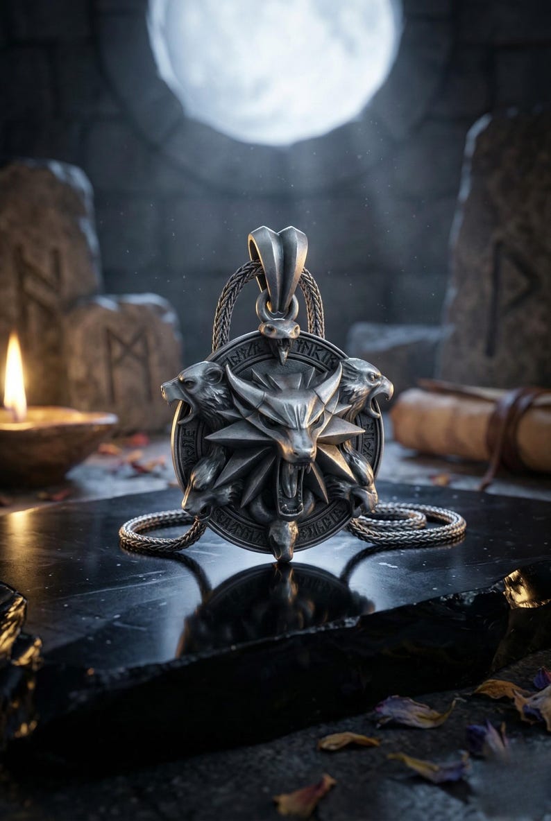 May include: A silver pendant featuring a wolf's head surrounded by three animal heads. The pendant hangs from a silver chain. The design is detailed and intricate, with a dark background and a lit candle.