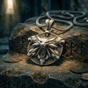 May include: A silver pendant necklace featuring a wolf's head emblem with four wolf heads around the perimeter. The pendant rests on a stone surface with ancient runes and aged paper.
