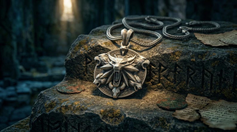 May include: A silver pendant necklace featuring a wolf's head emblem with four wolf heads around the perimeter. The pendant rests on a stone surface with ancient runes and aged paper.