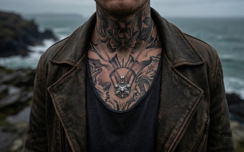May include: A silver pendant necklace with a detailed design hangs over a black shirt. The person is wearing a brown leather jacket. The person has tattoos on their chest and neck. The background is a blurred view of the ocean.