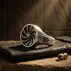 May include: A silver-colored ring with a fan-like design. The ring is set on a dark, textured surface, with a small, cylindrical bead nearby. The background is a textured, neutral color.