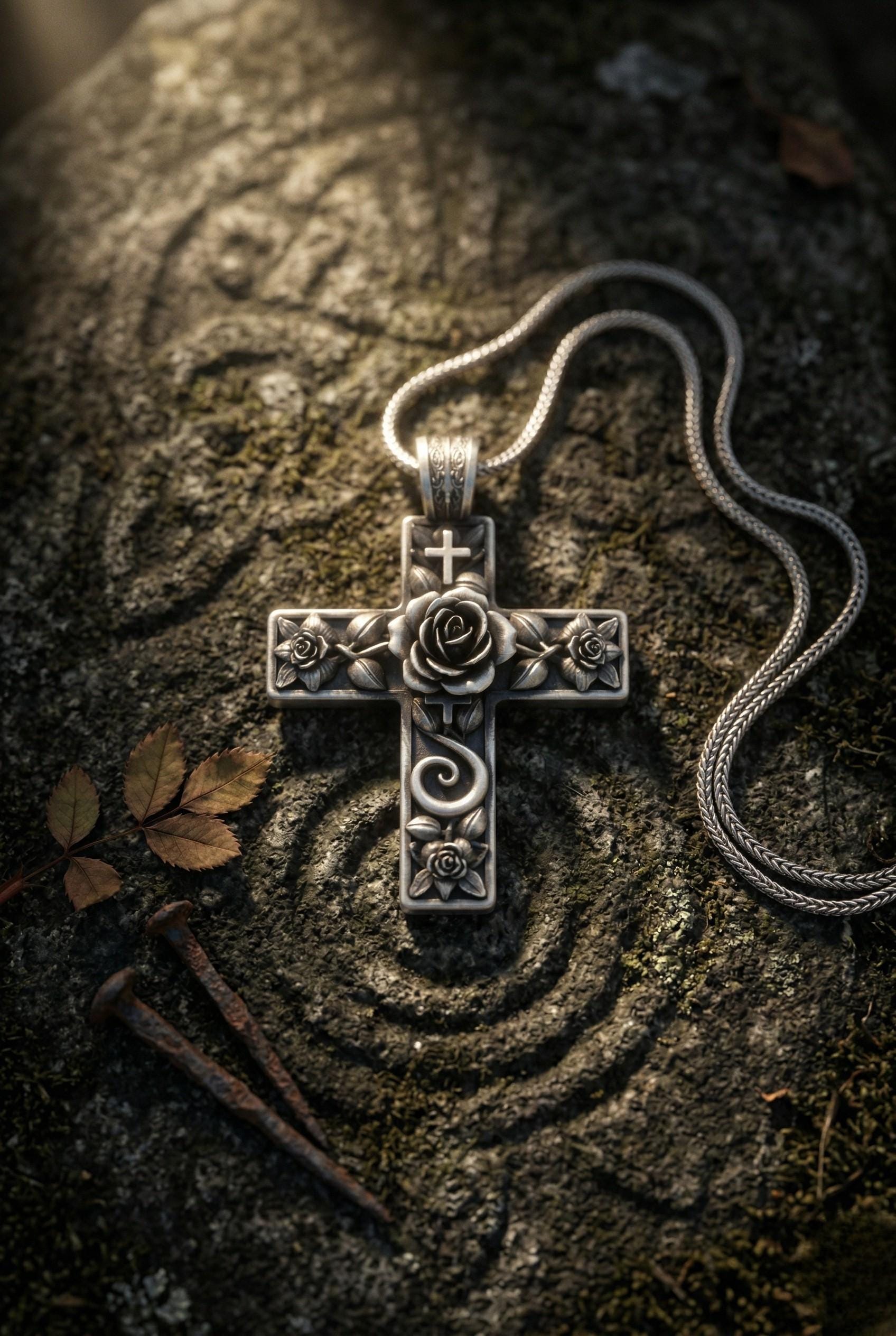 Sterling Silver Floral Cross Pendant Necklace Rose Engraved Christian ...
