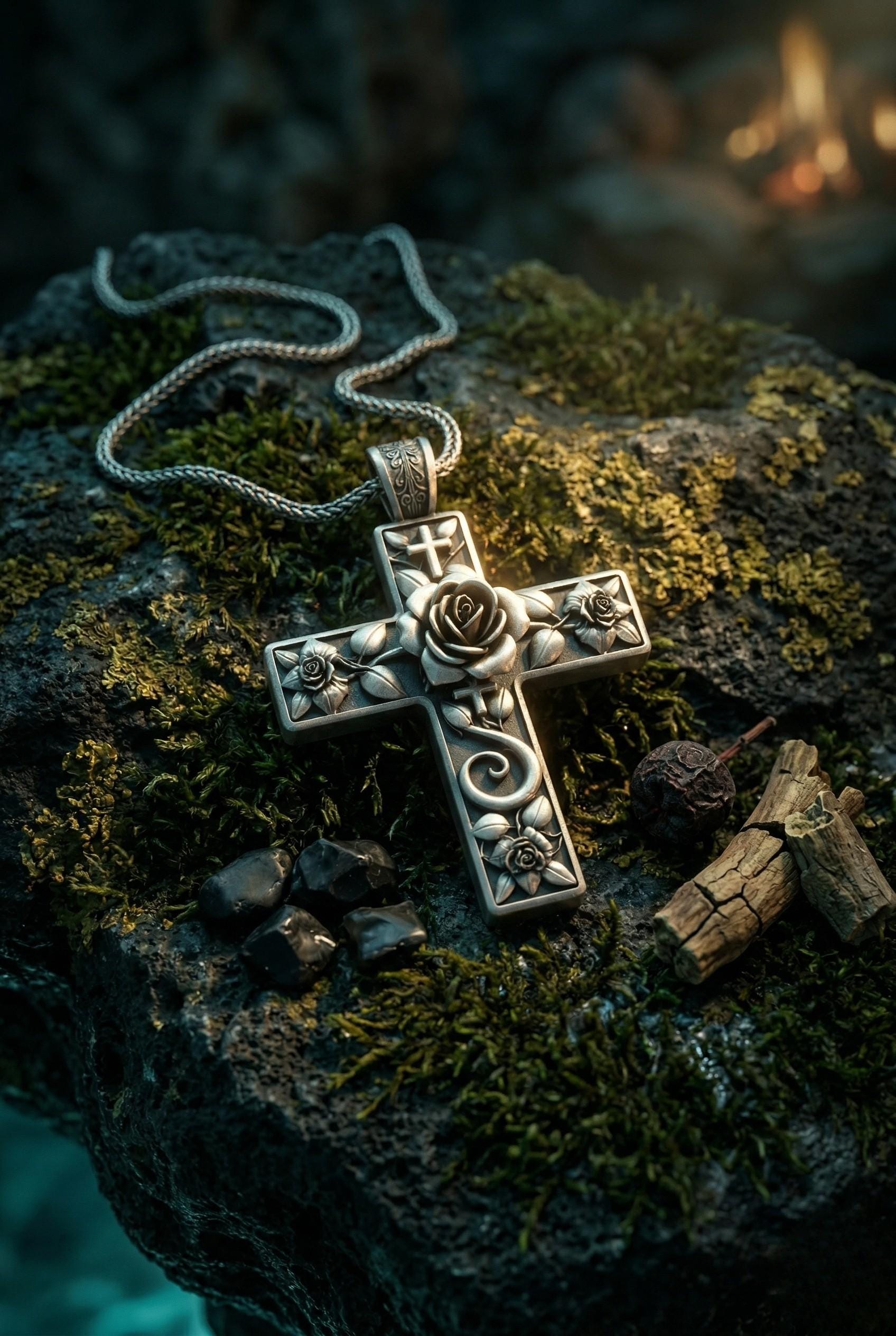 Sterling Silver Floral Cross Pendant Necklace Rose Engraved Christian ...