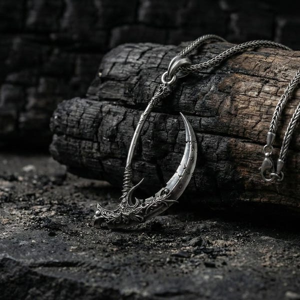 Engraved Crescent Blade Silver Pendant Necklace