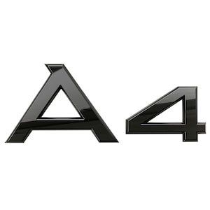May include: Glossy black A4 emblem. The letters and number are in a bold, sans-serif font. The emblem has a reflective surface, creating highlights and shadows. The design is simple and modern, suitable for automotive applications.