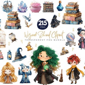 May include: Watercolor clipart bundle featuring wizard school elements. Includes illustrations of wizards, castles, books, potions, owls, and other magical items. The text "215 PNG" and "Wizard School Clipart" are also visible.