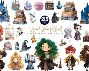 Wizard School Clipart Bundle Watercolor PNG Magical Characters Objects Commercial Graphics